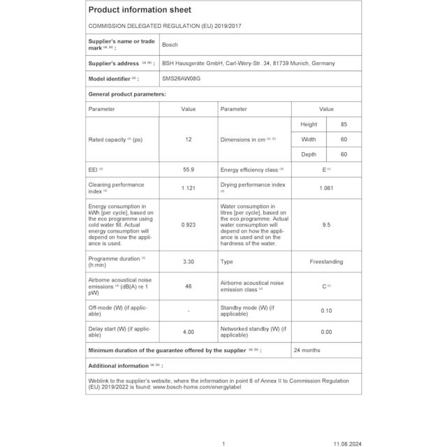 Bosch SMS26AW08G Full Size 12 Place Settings White Dishwasher