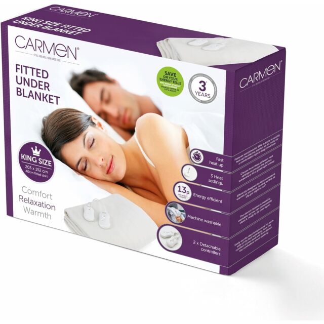 Carmen C81191 King, Double Control Fitted Washable Electric Blanket